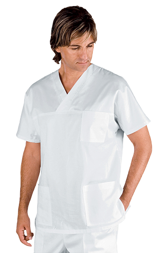 CASACCA BIANCA COLLO V INCROCIATO: casacca bianca con collo v incrociato per settore medico ed...